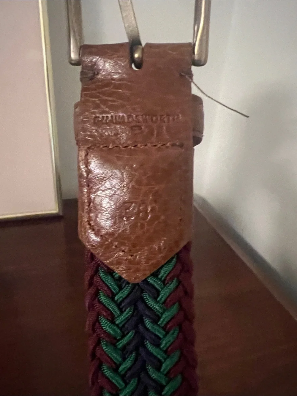 Leather-Trim Woven Belt in Brown with Green & Navy Accents
